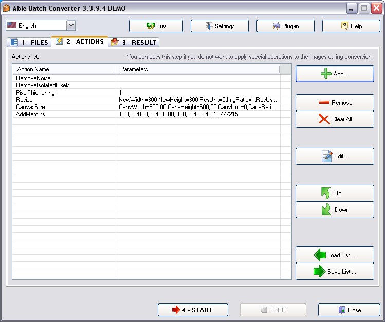 Вкладка ACTIONS со списком операций и кнопками Add, Edit, Up, Down, Load List и Save List