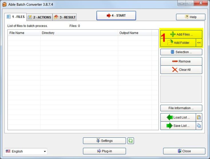 Главное окно Able Batch Converter на вкладке FILES с выделенными кнопками Add Files и Add Folder