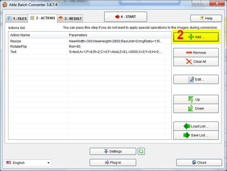 Вкладка ACTIONS с цепочкой Resize, Rotate/Flip и Text и выделенной кнопкой Add
