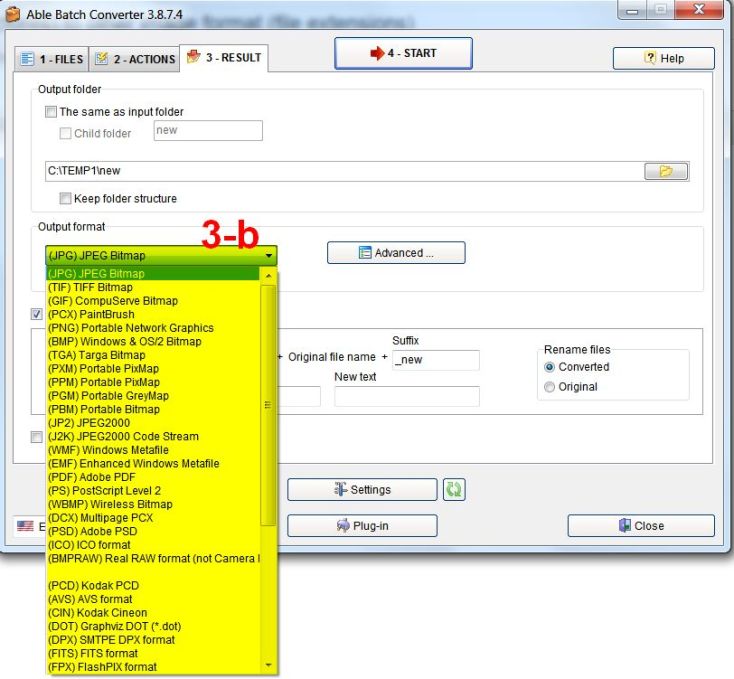 Раскрытый список Output format с JPEG, TIFF, GIF, PNG, BMP, PDF, PSD и другими форматами