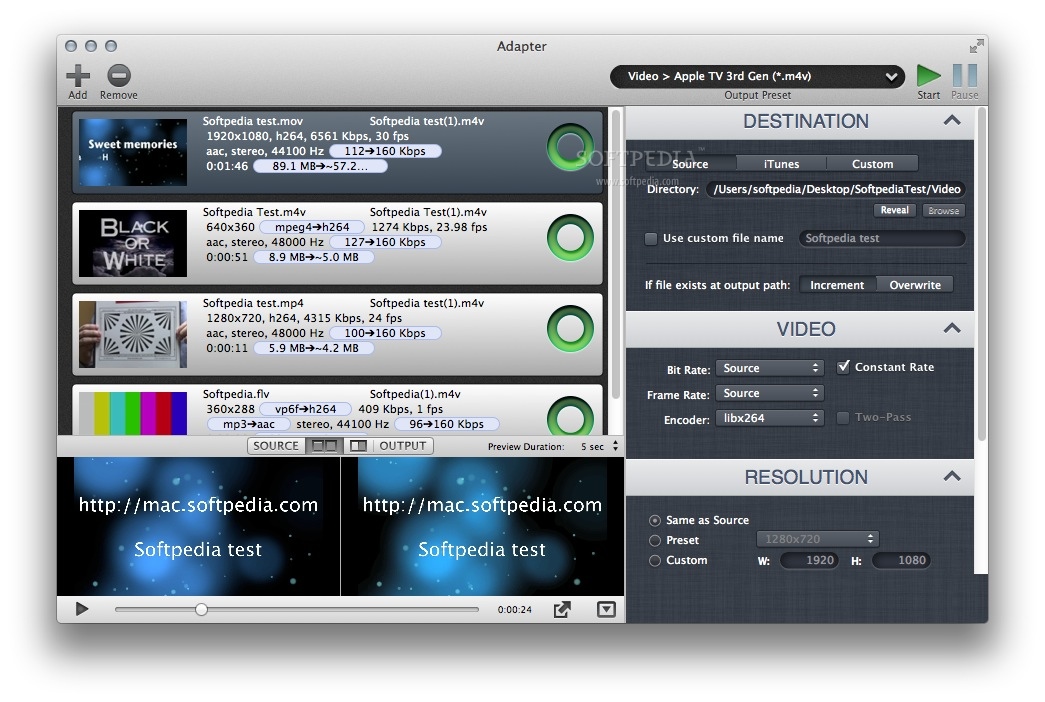 Adapter на macOS с очередью видео, сравнительным предпросмотром и настройками Destination, Video и Resolution