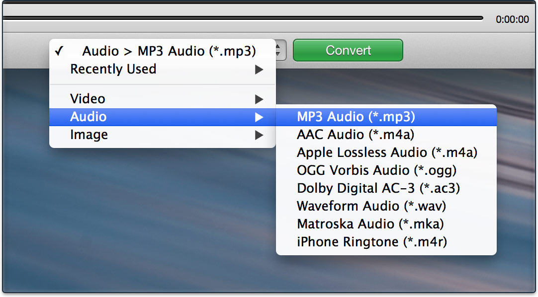 Меню Audio в Adapter со списком MP3, AAC, Apple Lossless, OGG, AC-3, WAV, MKA и M4R