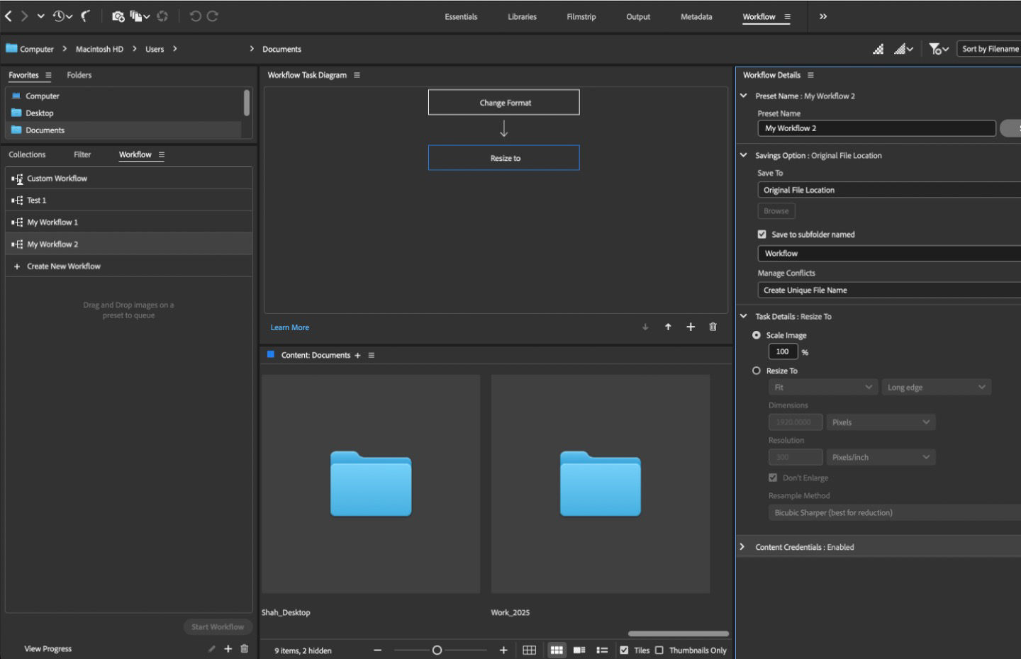 Рабочая область Workflow с цепочкой задач изменения формата и размера