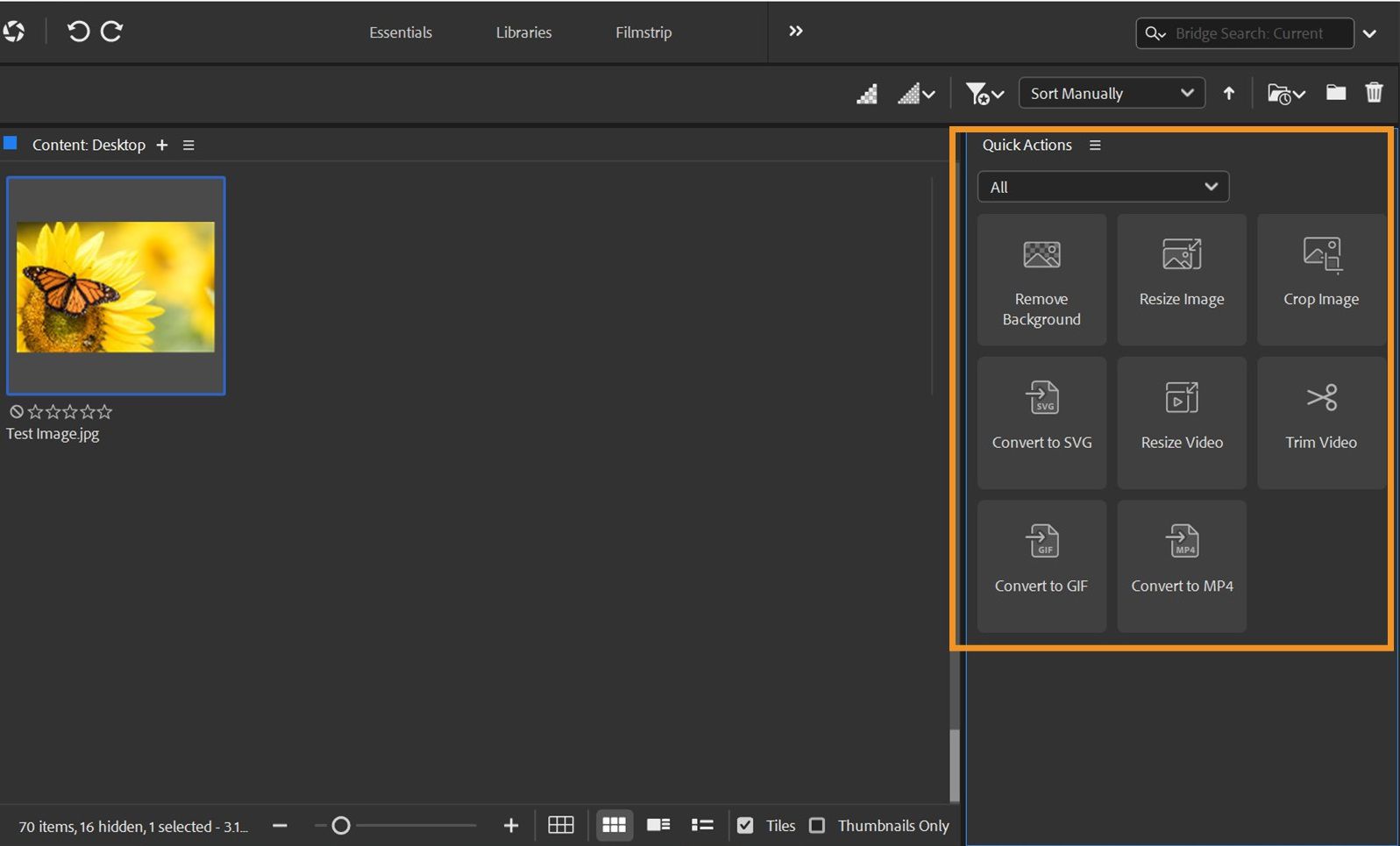Панель Quick Actions Adobe Bridge с доступными быстрыми действиями