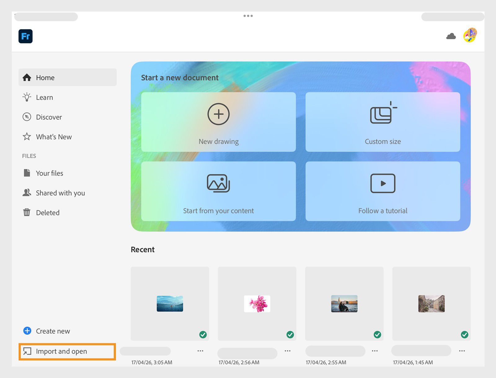 Стартовый экран Adobe Fresco с созданием нового документа и быстрыми плитками
