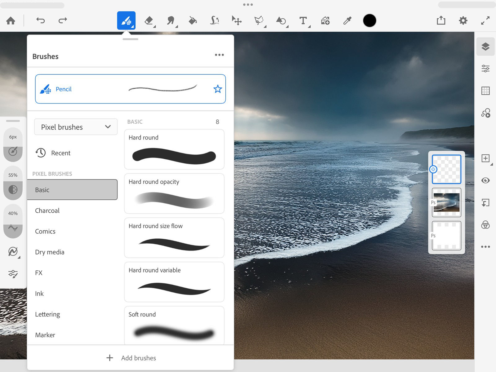 Панель Pixel Brushes в Adobe Fresco со списком категорий и кистей