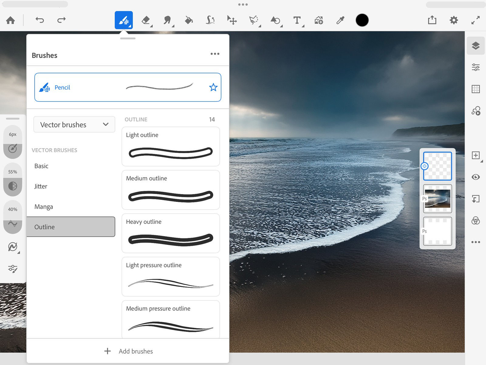 Панель Vector Brushes Adobe Fresco и параметры векторной кисти