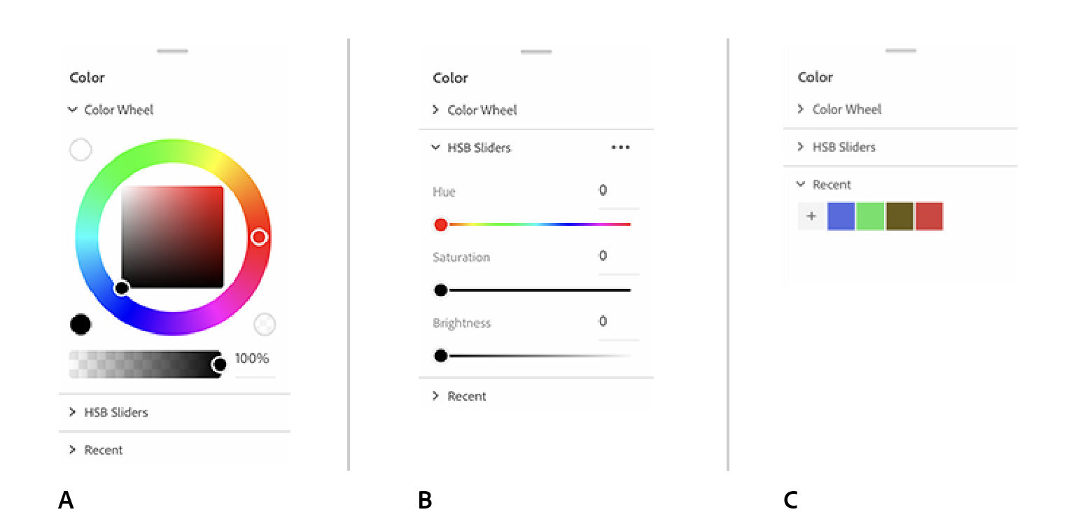 Панель Color Adobe Fresco с цветовым кругом и настройками HSB