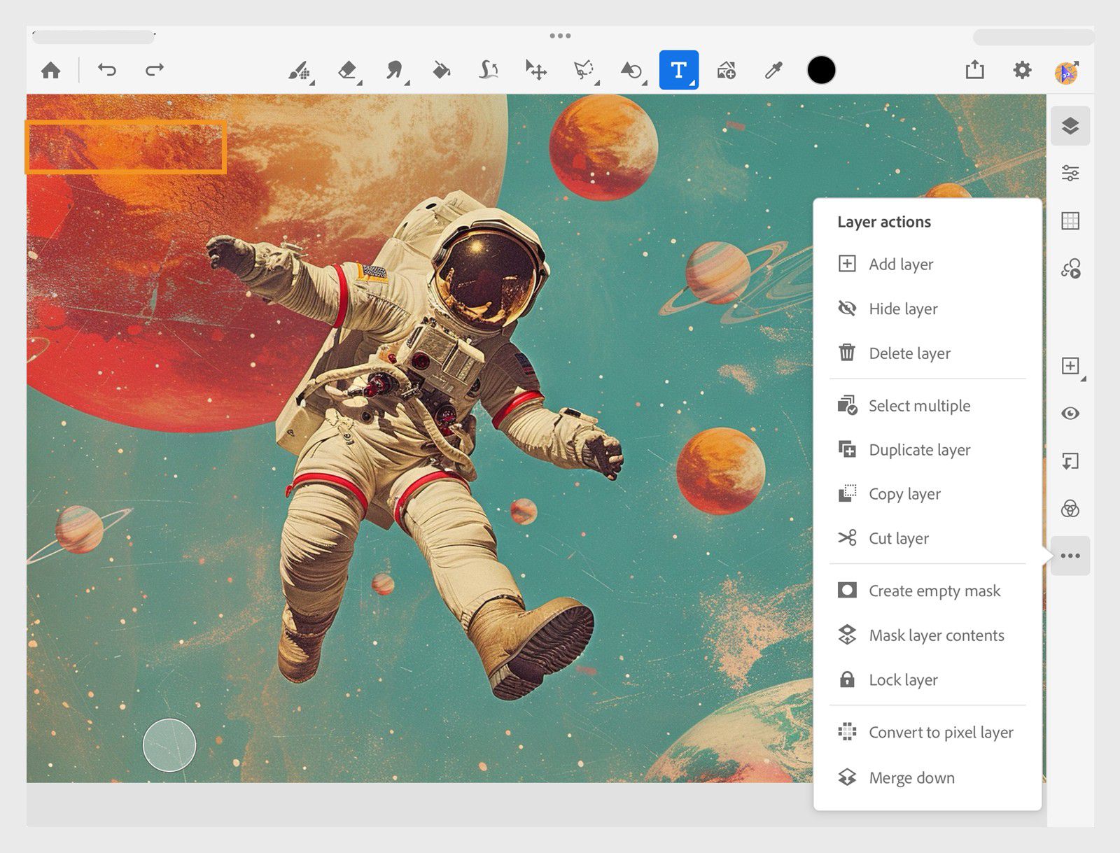 Панель слоёв Adobe Fresco с меню действий над выбранным слоем