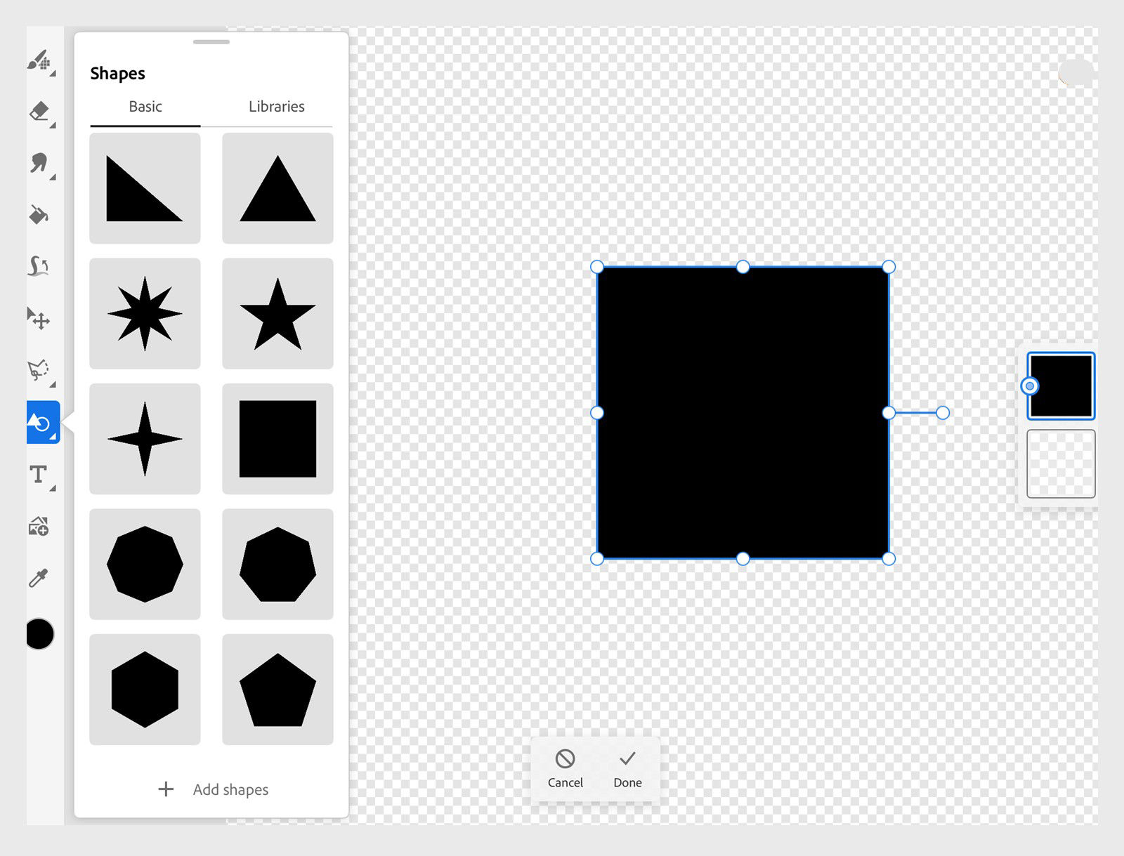 Панель базовых Shapes Adobe Fresco и векторная фигура на холсте