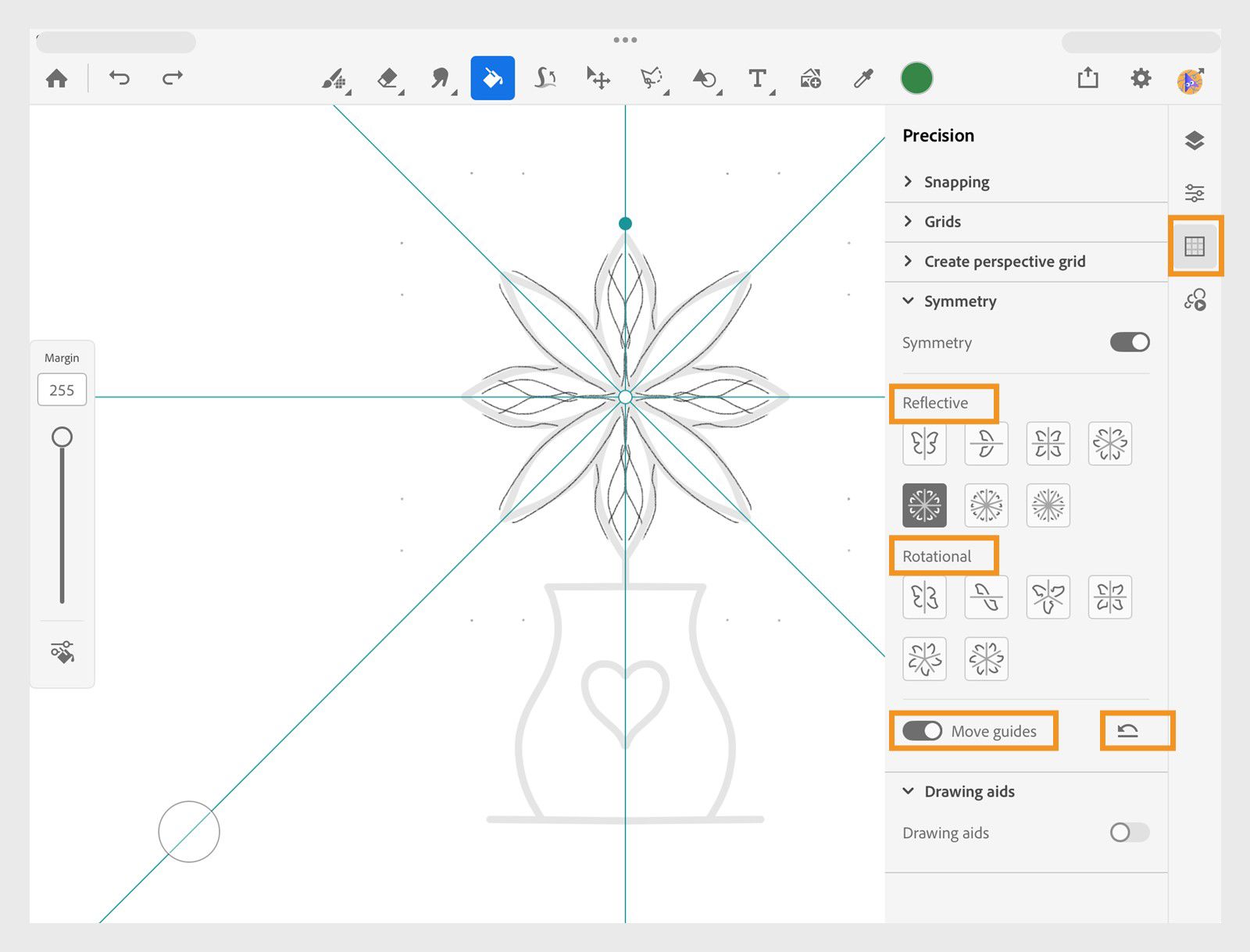 Панель Symmetry Adobe Fresco с отражательными и вращательными направляющими