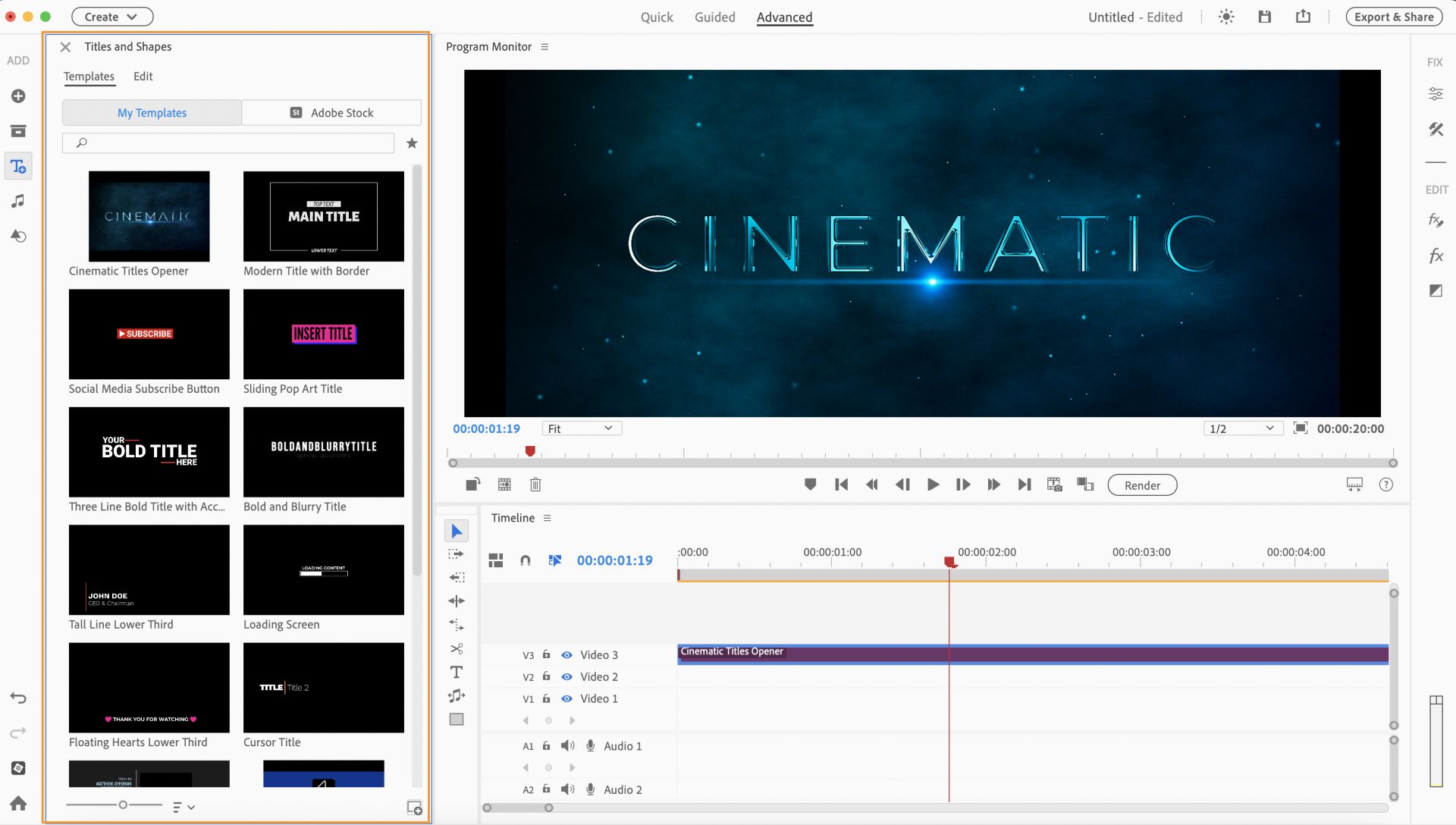Adobe Premiere Elements: панель Titles and Shapes и шаблон Cinematic Titles