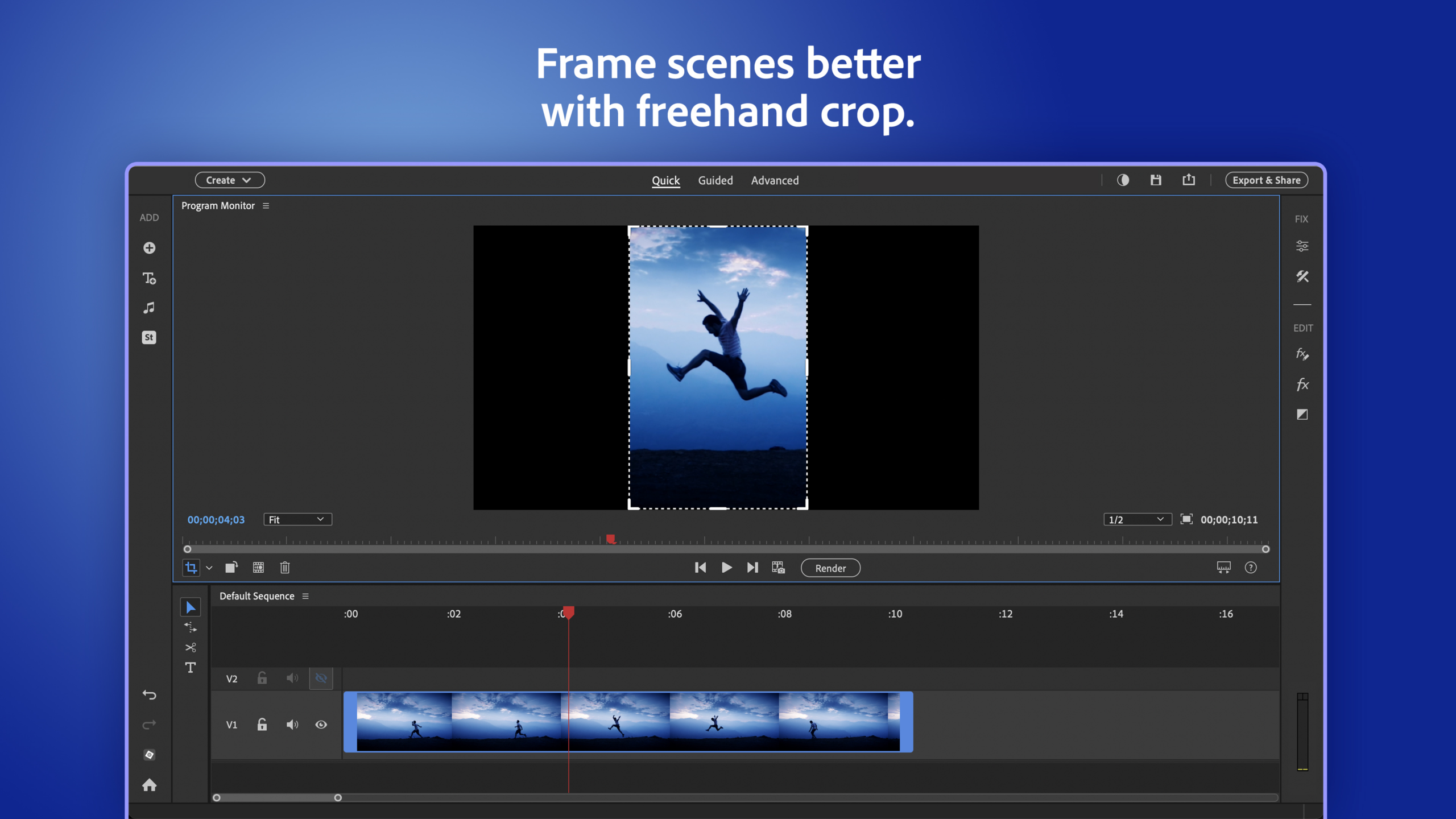Adobe Premiere Elements 2026: Freehand Crop в окне Program Monitor