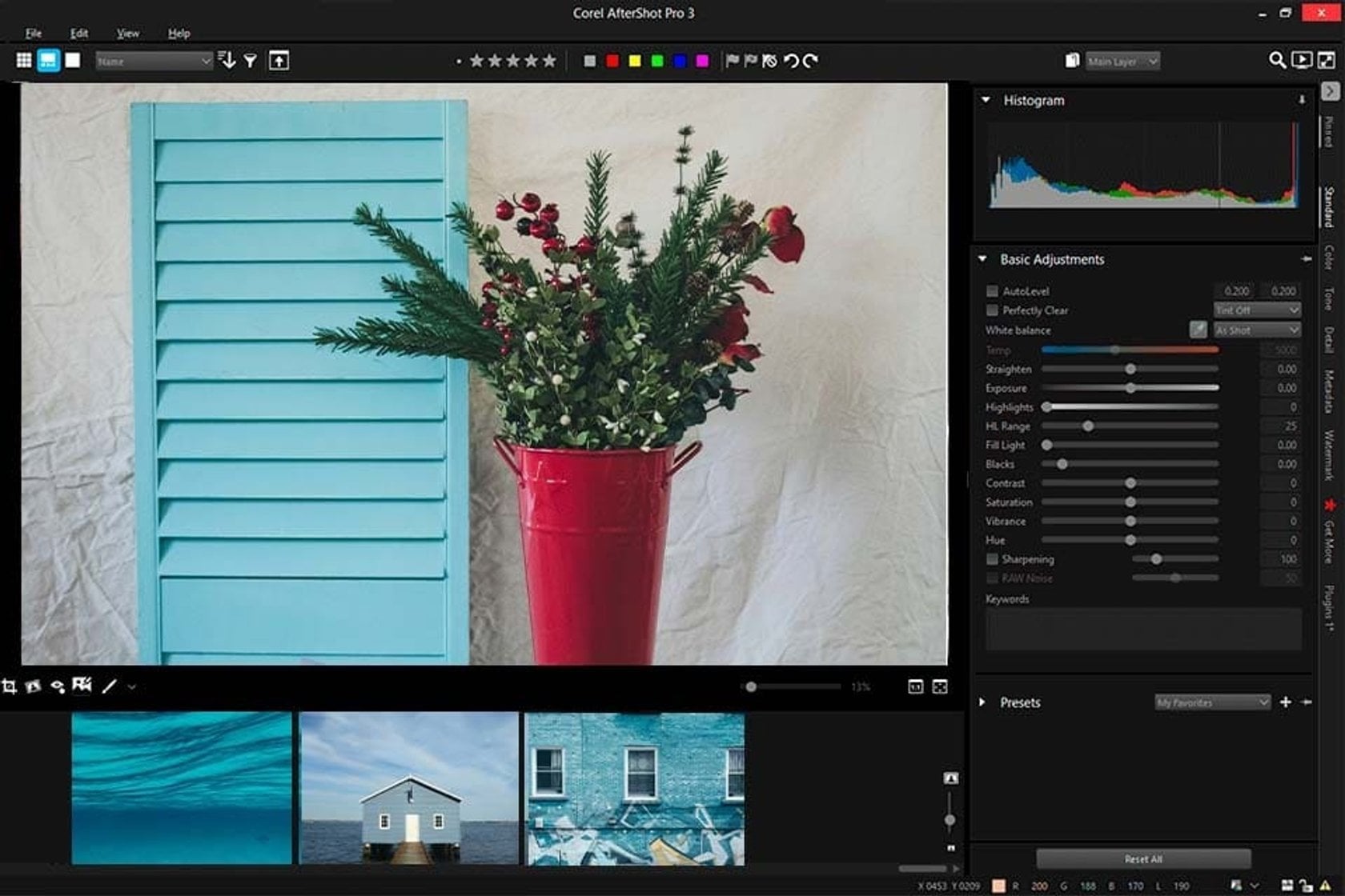 AfterShot Pro 3 в Windows: большое Preview, Histogram и Basic Adjustments с ползунками проявки