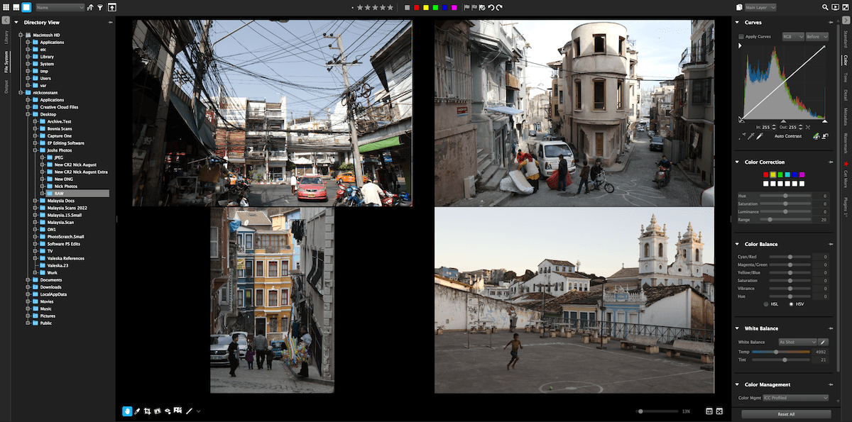 Multi-Image View в AfterShot Pro 3 с несколькими фотографиями, деревом папок и панелью Curves