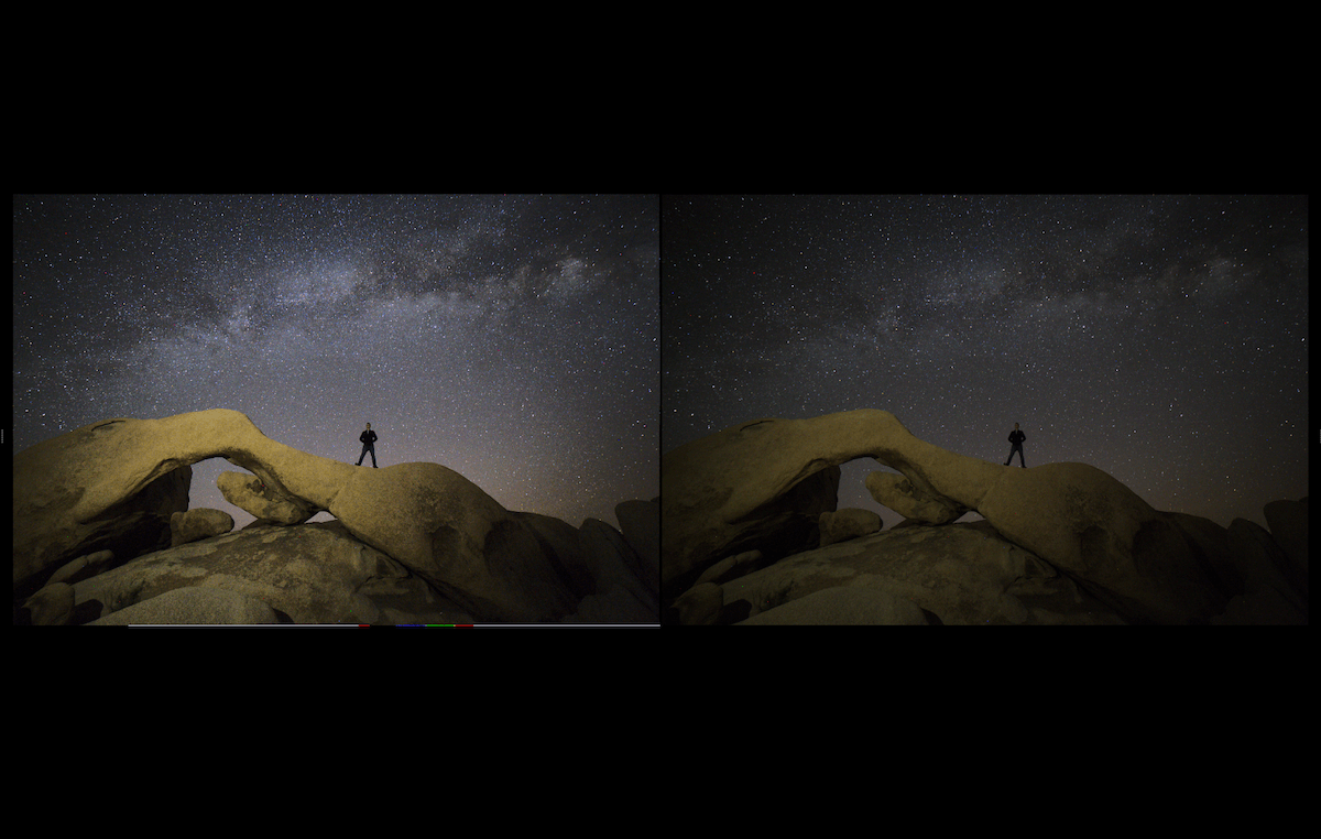 Две версии одного ночного снимка, показанные рядом в Multi-Image View AfterShot Pro 3