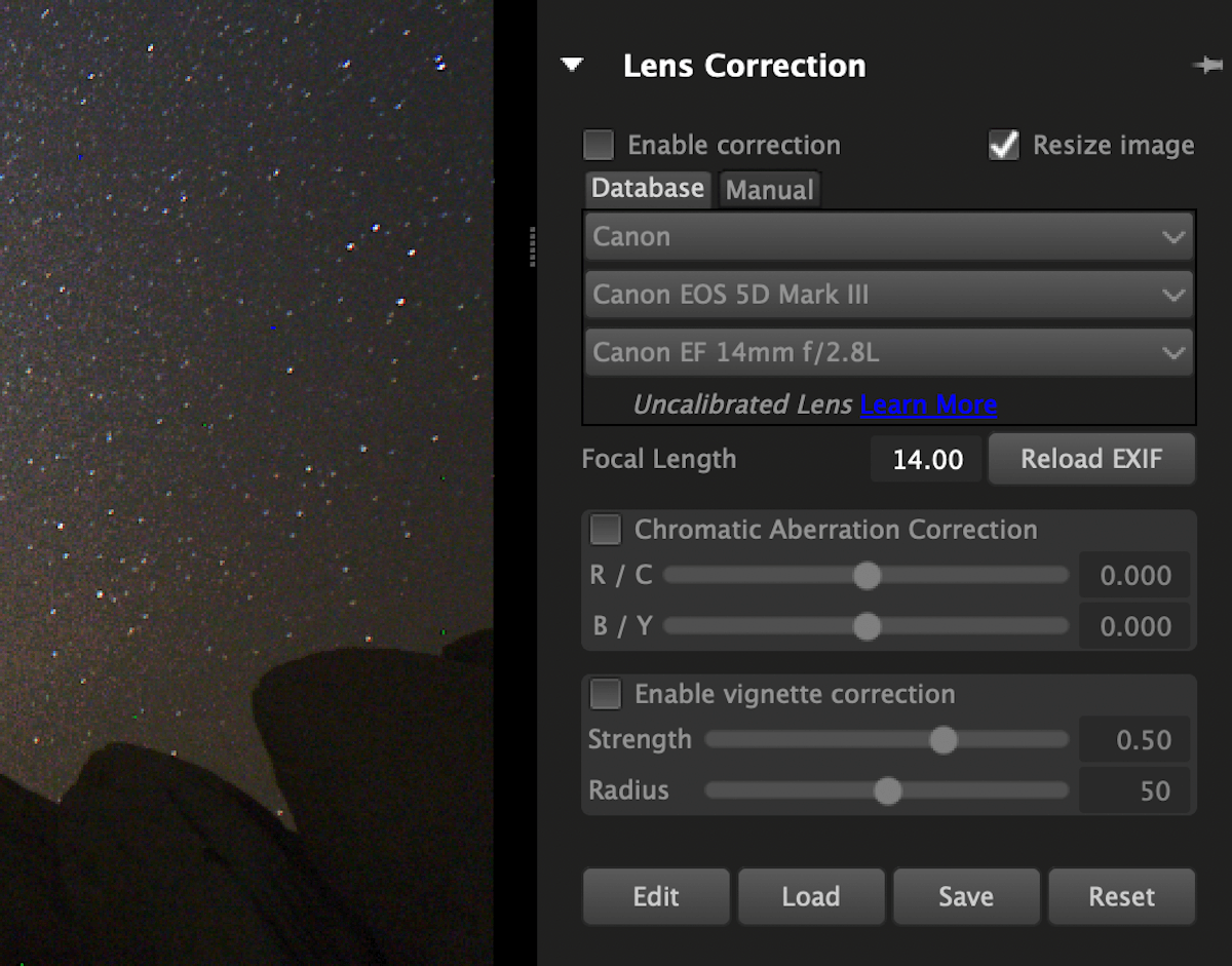 Панель Lens Correction AfterShot Pro 3 с профилем камеры, хроматическими аберрациями и виньетированием