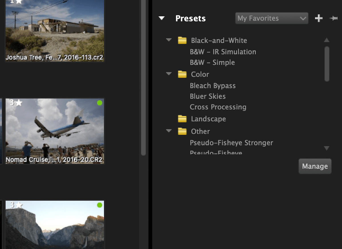 Раздел Presets AfterShot Pro 3 с папками Black-and-White, Color, Landscape и кнопкой Manage