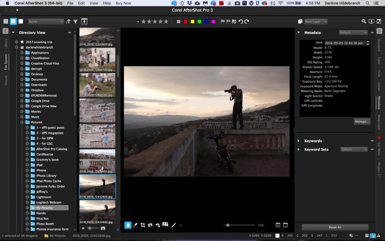 AfterShot Pro 3 с фотографией в Preview, лентой миниатюр и открытой панелью Metadata с EXIF
