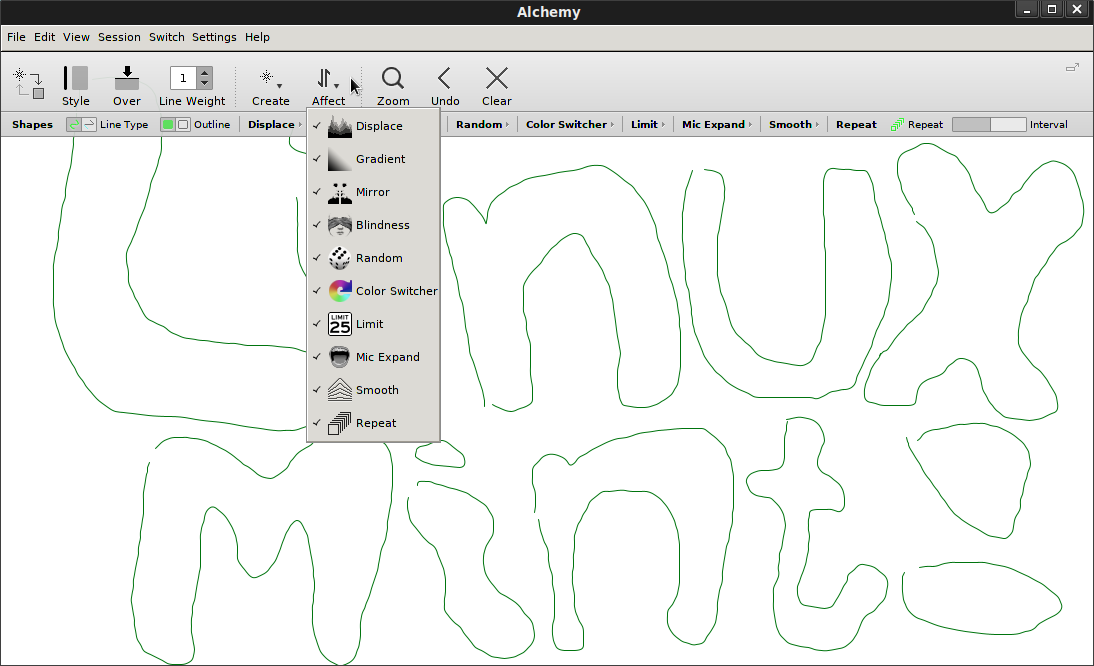 Окно Alchemy в Linux с раскрытым меню Affect: Displace, Gradient, Mirror, Blindness, Random, Color Switcher, Limit, Mic Expand, Smooth и Repeat