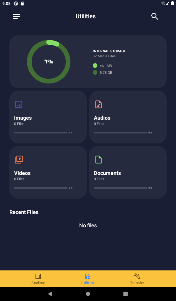 Экран Utilities на планшете: Images, Audios, Videos, Documents и Recent Files.
