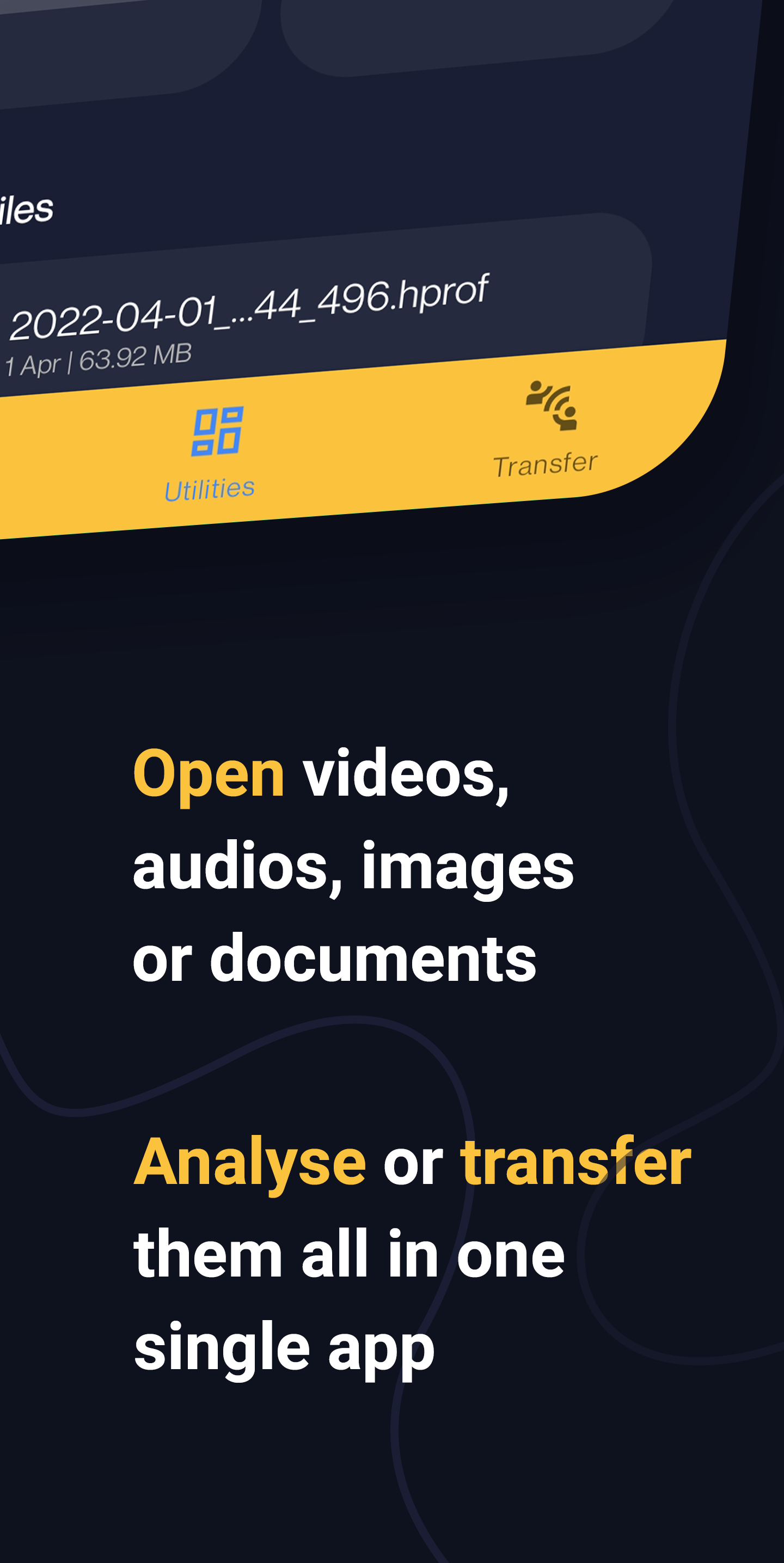 Промокадр Amaze File Utilities с вкладками Utilities и Transfer и списком медиа.