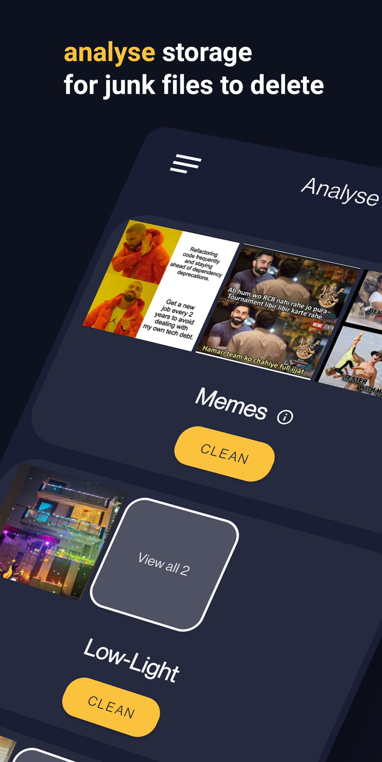 Экран Analyse с группами Memes и Low-Light и кнопками Clean.