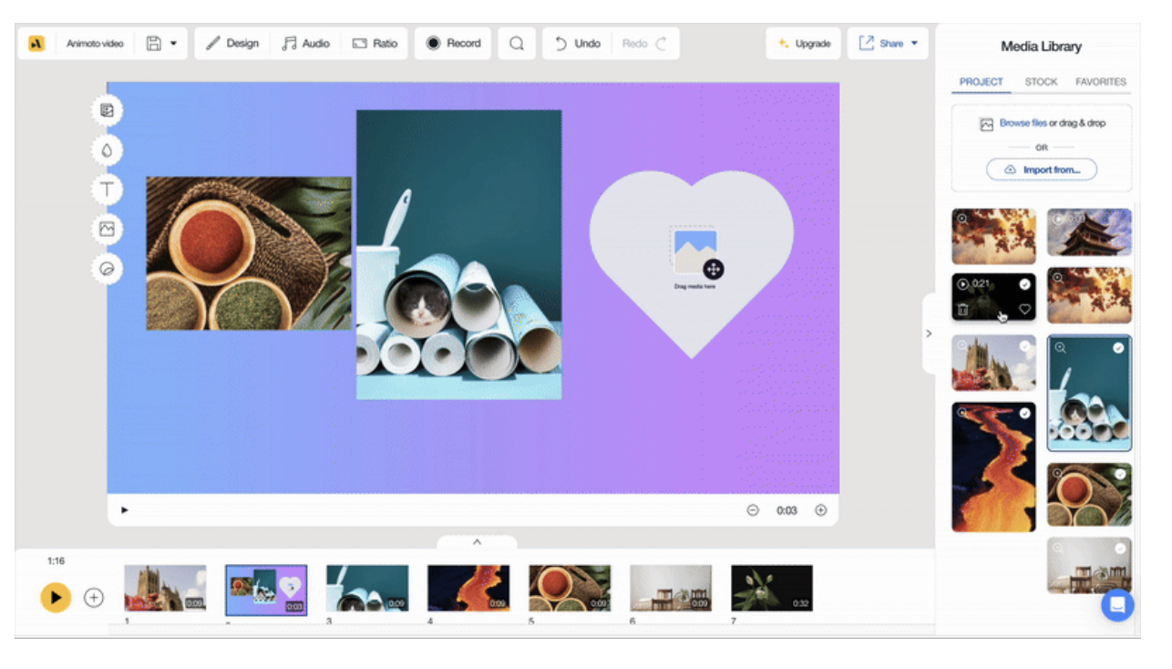 Рабочая область Animoto с холстом блока, Media Library и лентой блоков внизу