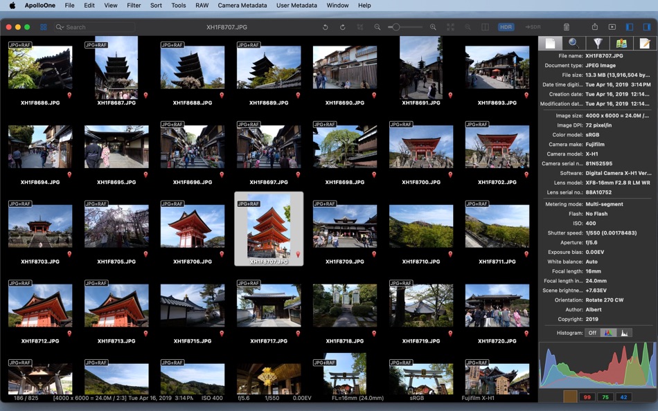 Contact Sheet ApolloOne с сеткой миниатюр, RAW-парами, GPS-метками, Inspector и гистограммой