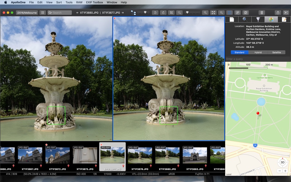 Split View ApolloOne с двумя фотографиями рядом, синхронным сравнением и боковой панелью карты