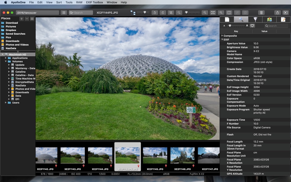 Окно ApolloOne с браузером Places, фотографией, плёнкой и подробным EXIF Inspector справа