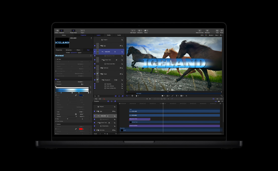 Интерфейс Apple Motion с Layers, Canvas и Timeline на MacBook Pro