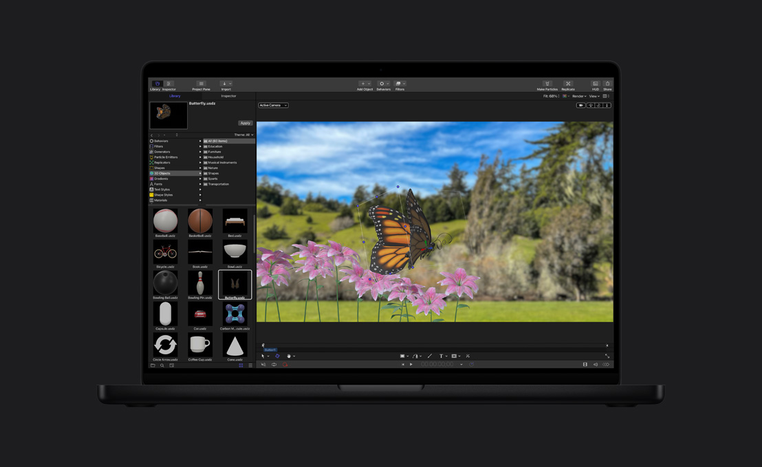 Library Apple Motion и сцена с графическими элементами