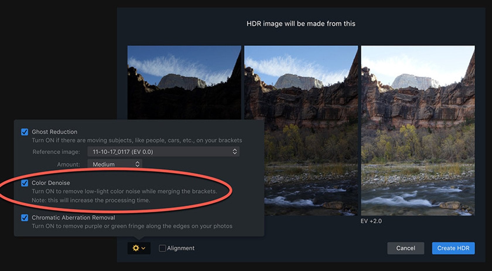 Настройки Ghost Reduction, Color Denoise, Chromatic Aberration Removal и Alignment перед объединением брекетов