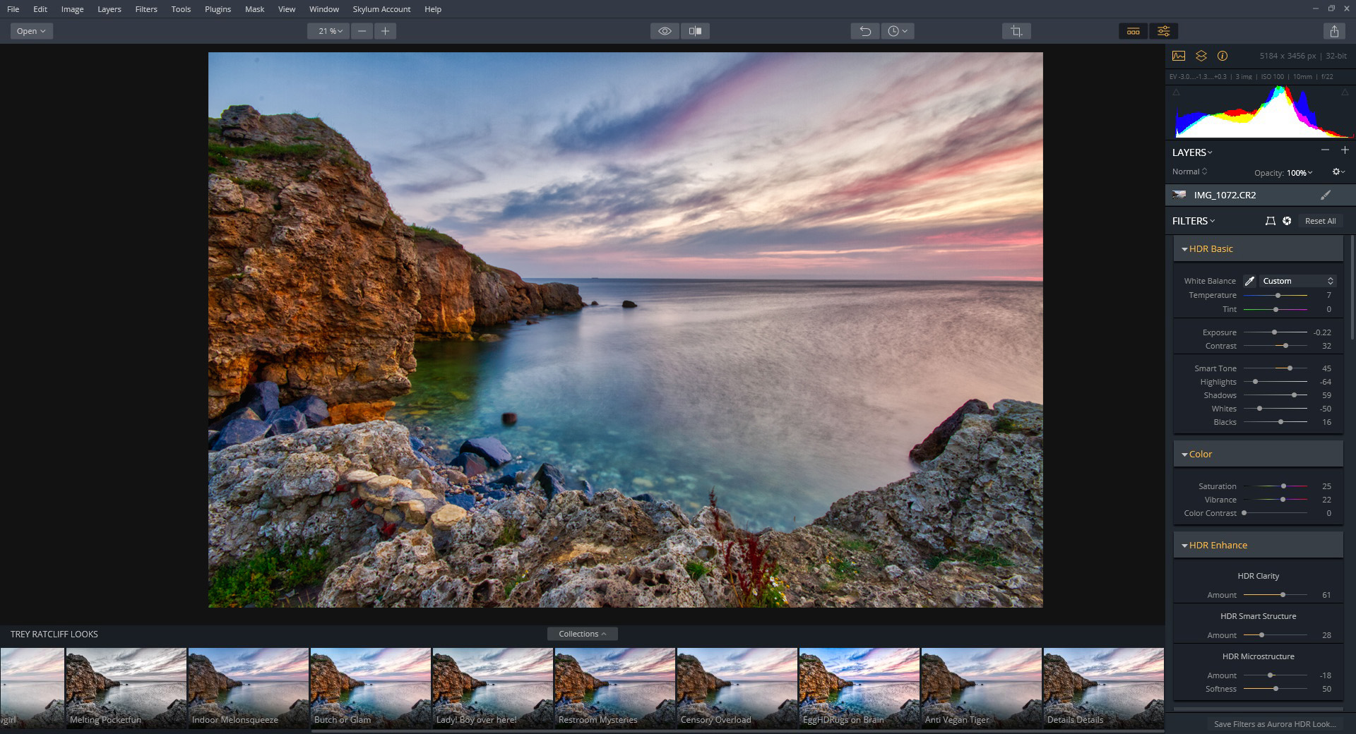 Главное окно Aurora HDR 2019 с фотографией, гистограммой, Layers, Filters и лентой Looks