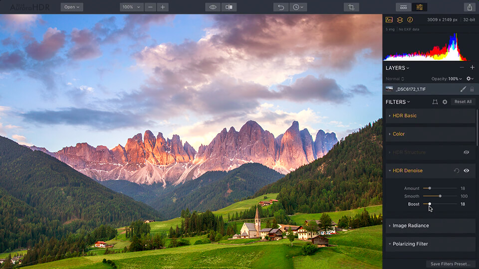 Интерфейс Aurora HDR с открытым HDR Denoise и ползунками Amount, Smooth и Boost