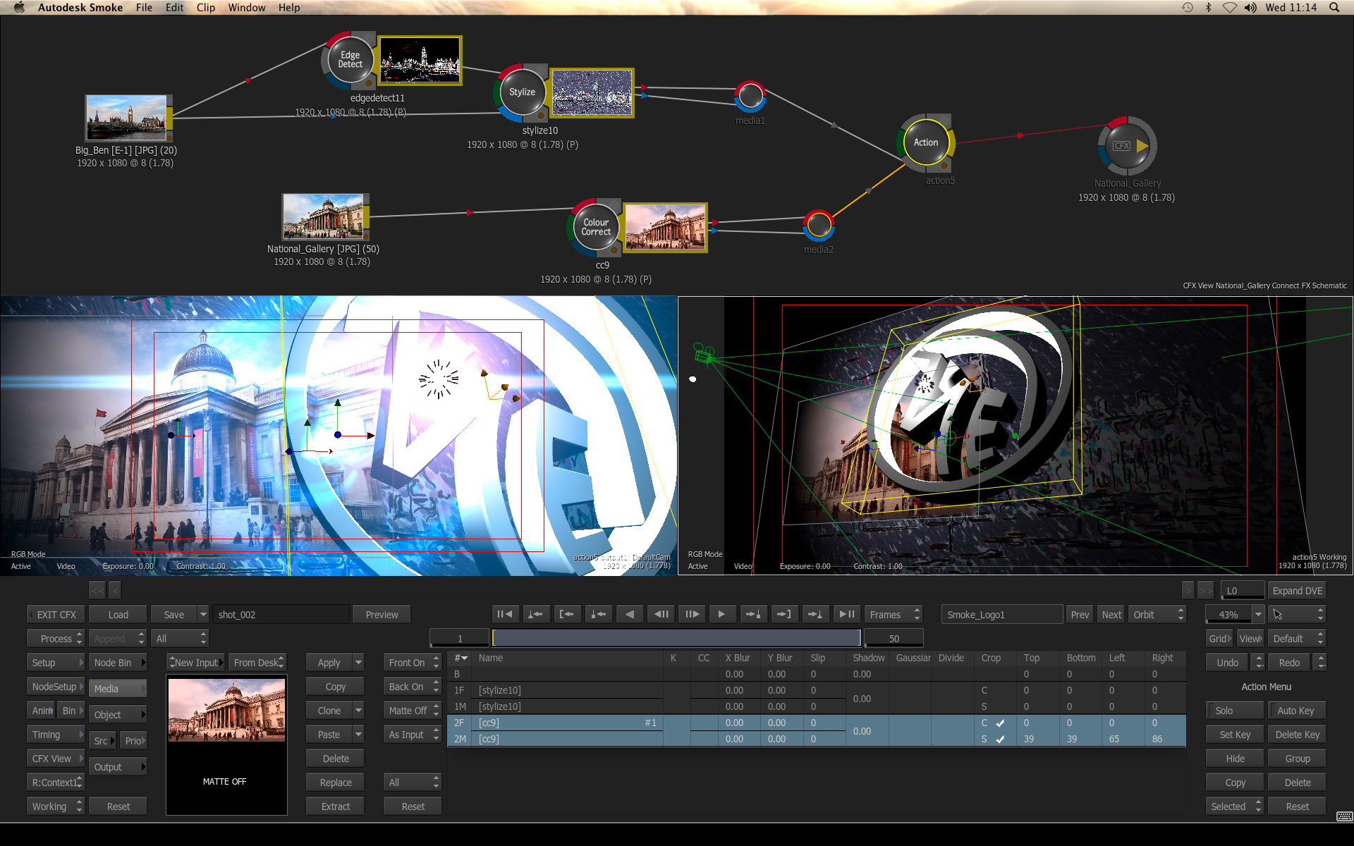 Autodesk Smoke 2013: узловая схема ConnectFX и окно результата