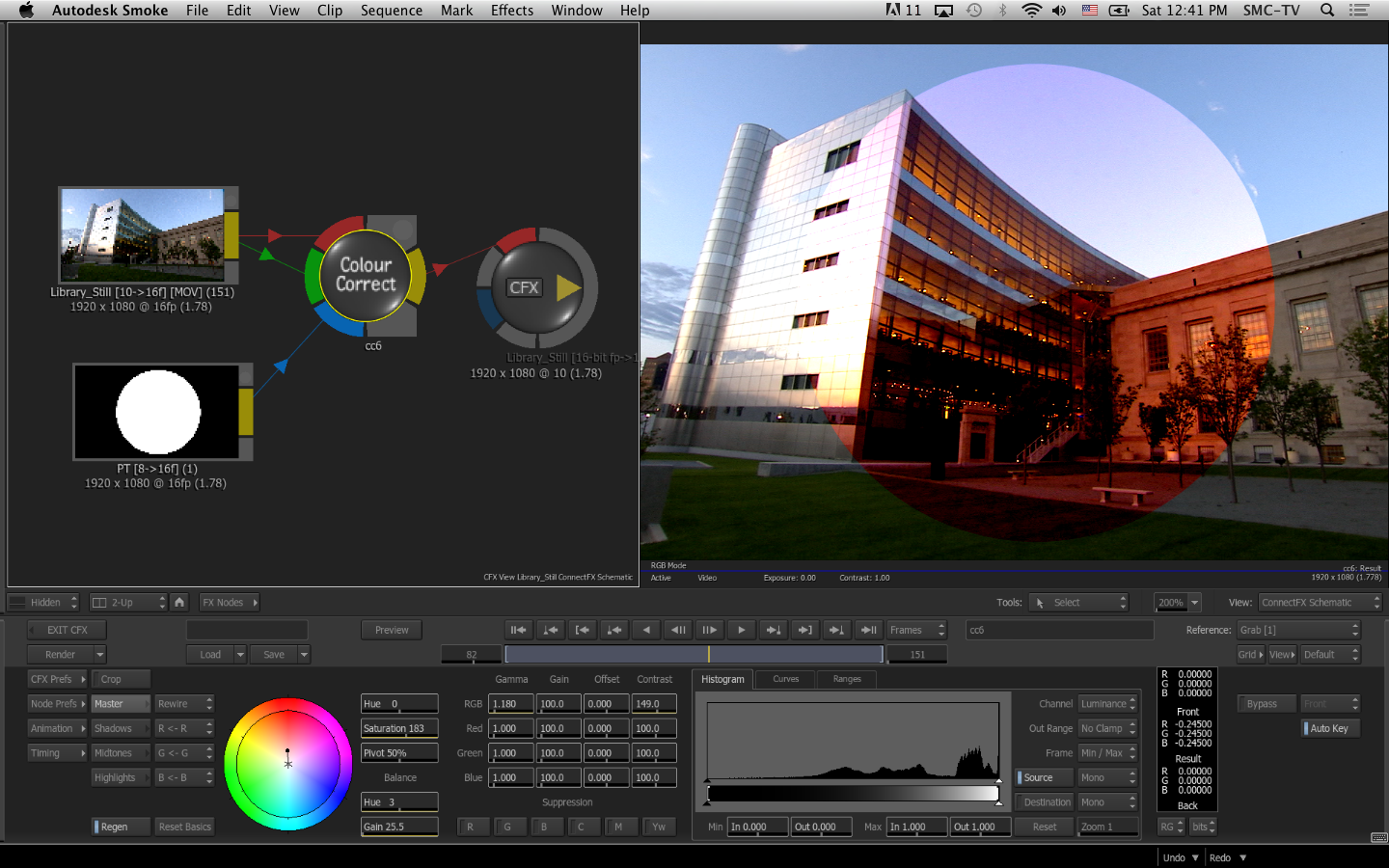 Autodesk Smoke: Colour Correct в ConnectFX с гистограммой и цветовым кругом