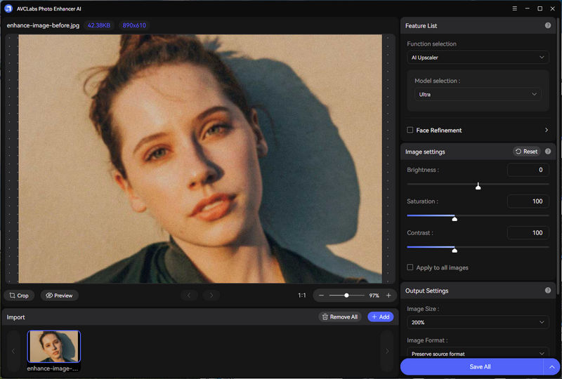 Рабочее окно с импортированным портретом, Feature List и Output Settings