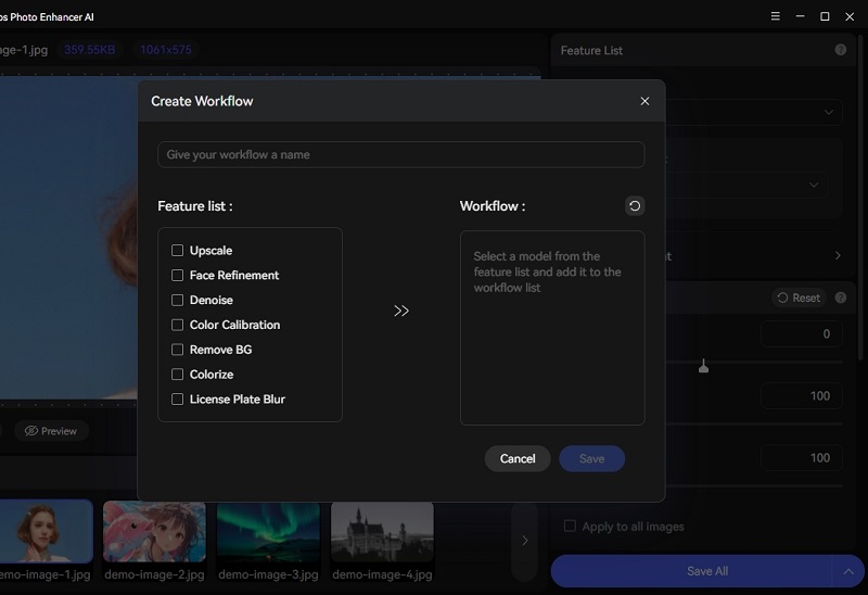 Диалог Create Workflow со списком AI-функций