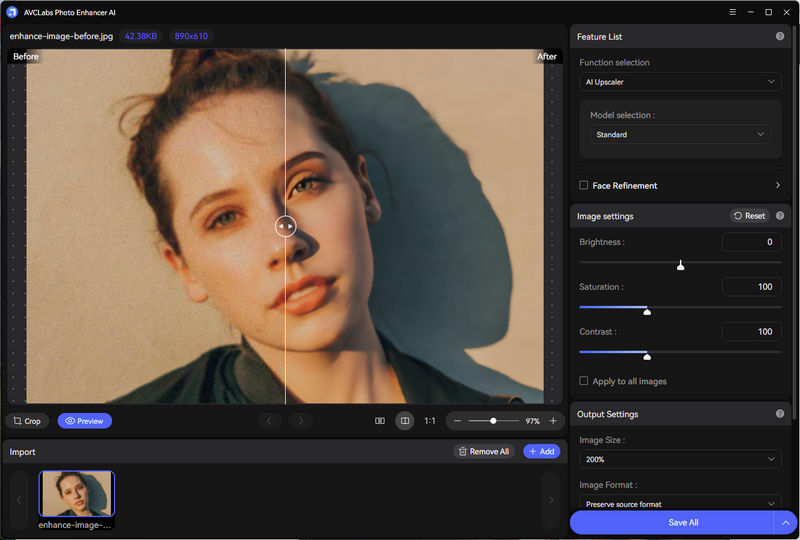 Preview с вертикальным разделителем Before/After в рабочем окне