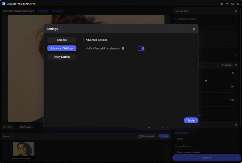 Advanced Settings с переключателем NVIDIA TensorRT Acceleration