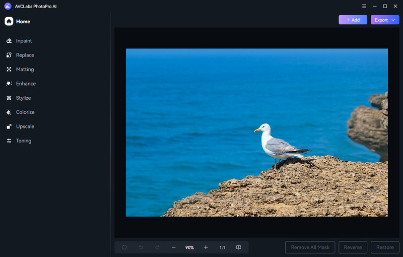 Рабочее окно PhotoPro AI с открытой фотографией, списком AI-инструментов и кнопками +Add и Export