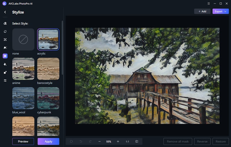 Результат Stylize: фотография домика обработана художественным стилем acrylic