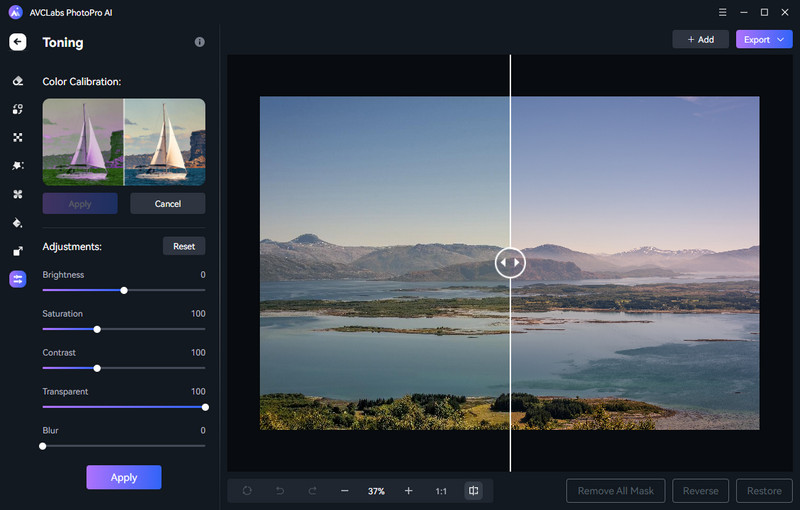 Модуль Toning с Color Calibration и ползунками Brightness, Saturation, Contrast, Transparent и Blur