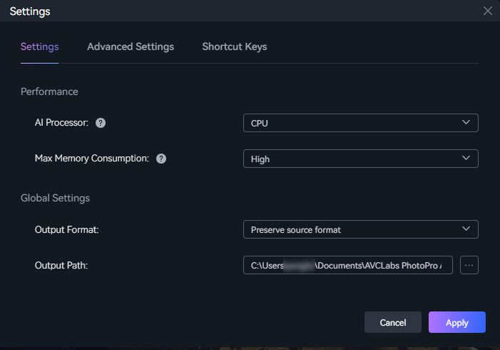 Окно Settings с выбором AI Processor, Max Memory Consumption, Output Format и Output Path
