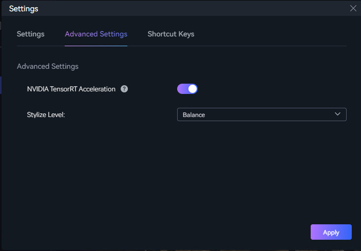 Вкладка Advanced Settings с NVIDIA TensorRT Acceleration и параметром Stylize Level