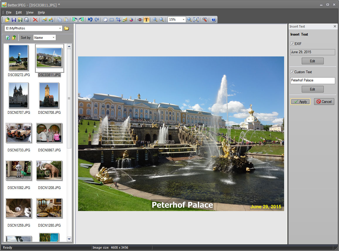 Главное окно Better JPEG: Browser Pane, изображение и панель Insert Text