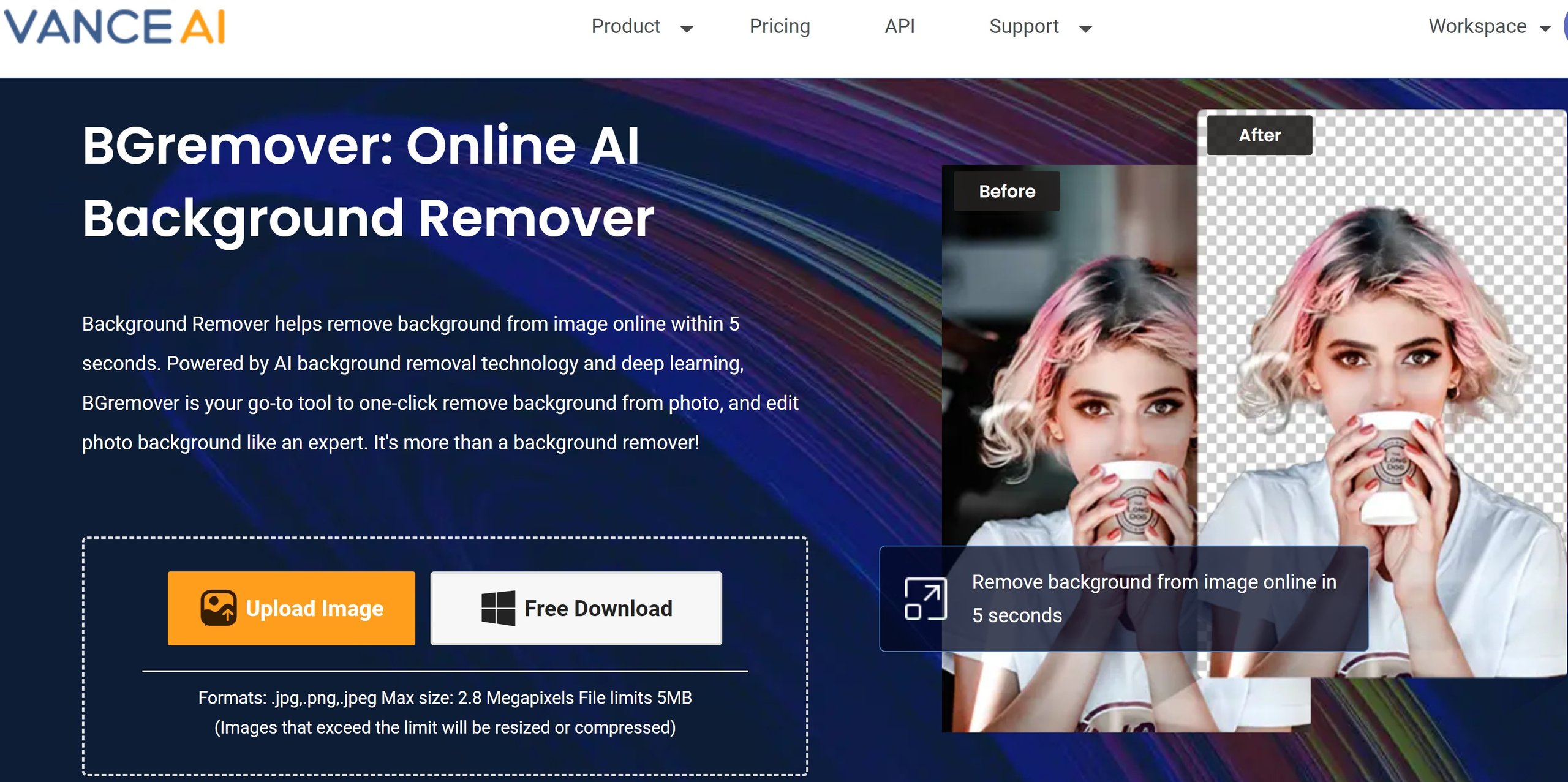 Главная страница BGremover с кнопкой Upload Image и примером до и после