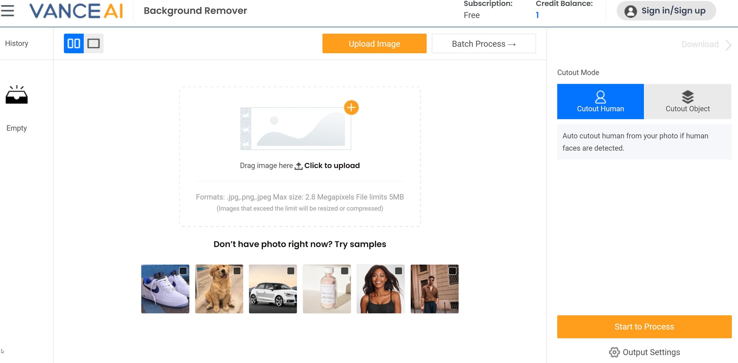 Рабочая область BGremover с загрузкой, Cutout Mode и кнопкой Start to Process